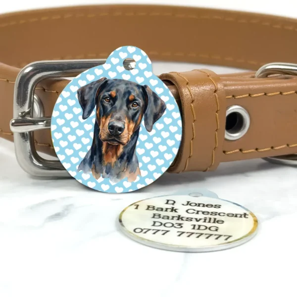 Doberman ID tag - blue pastel hearts - pet id tag - petiquette