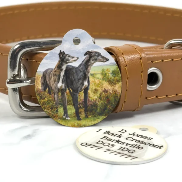 greyhound watercolour pet id tag from Petiquette Collars