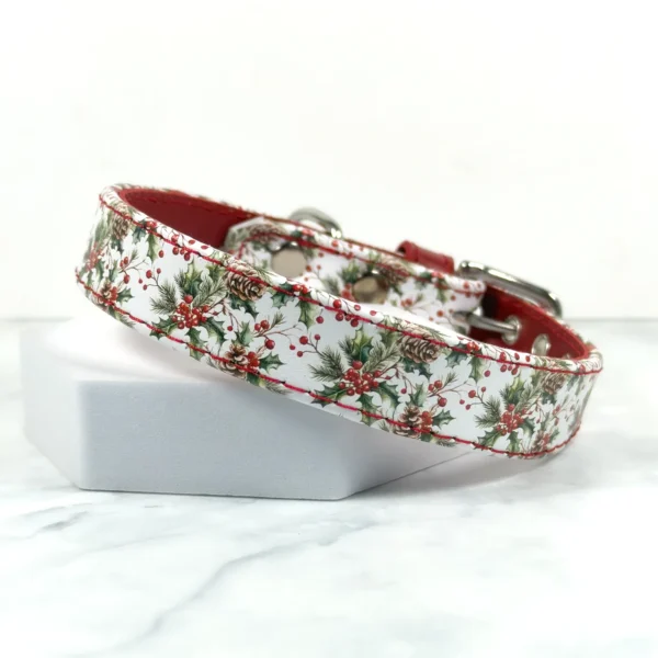 A Christmas holly printed leather dog collar by Petiquette Collars