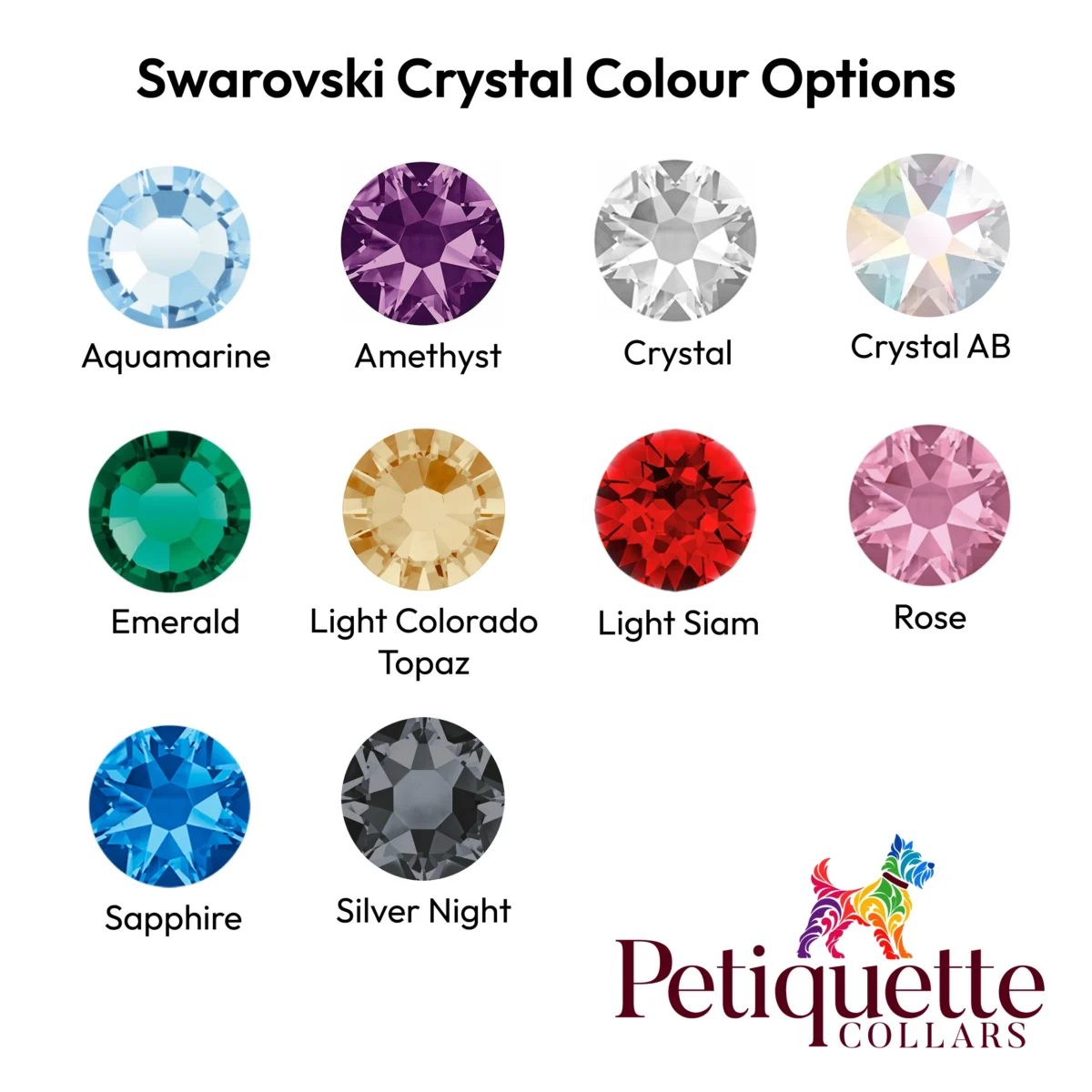 Swarovski Crystal Colour Options from Petiquette