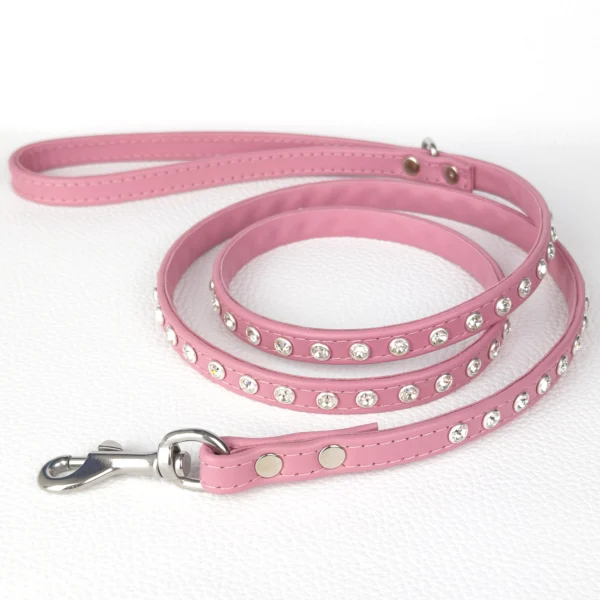 A full length Swarovski crystal dog lead in baby pink Italian leather, handmade by Petiquette